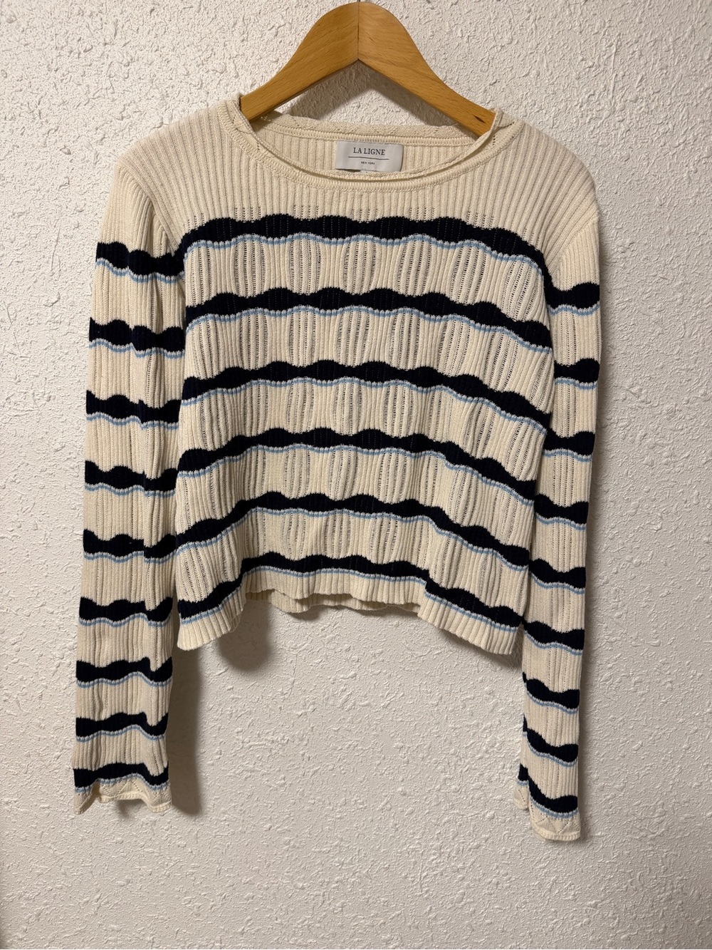 LA LIGNE Cream & Navy Ribbed Stripe Sweater cropped size large